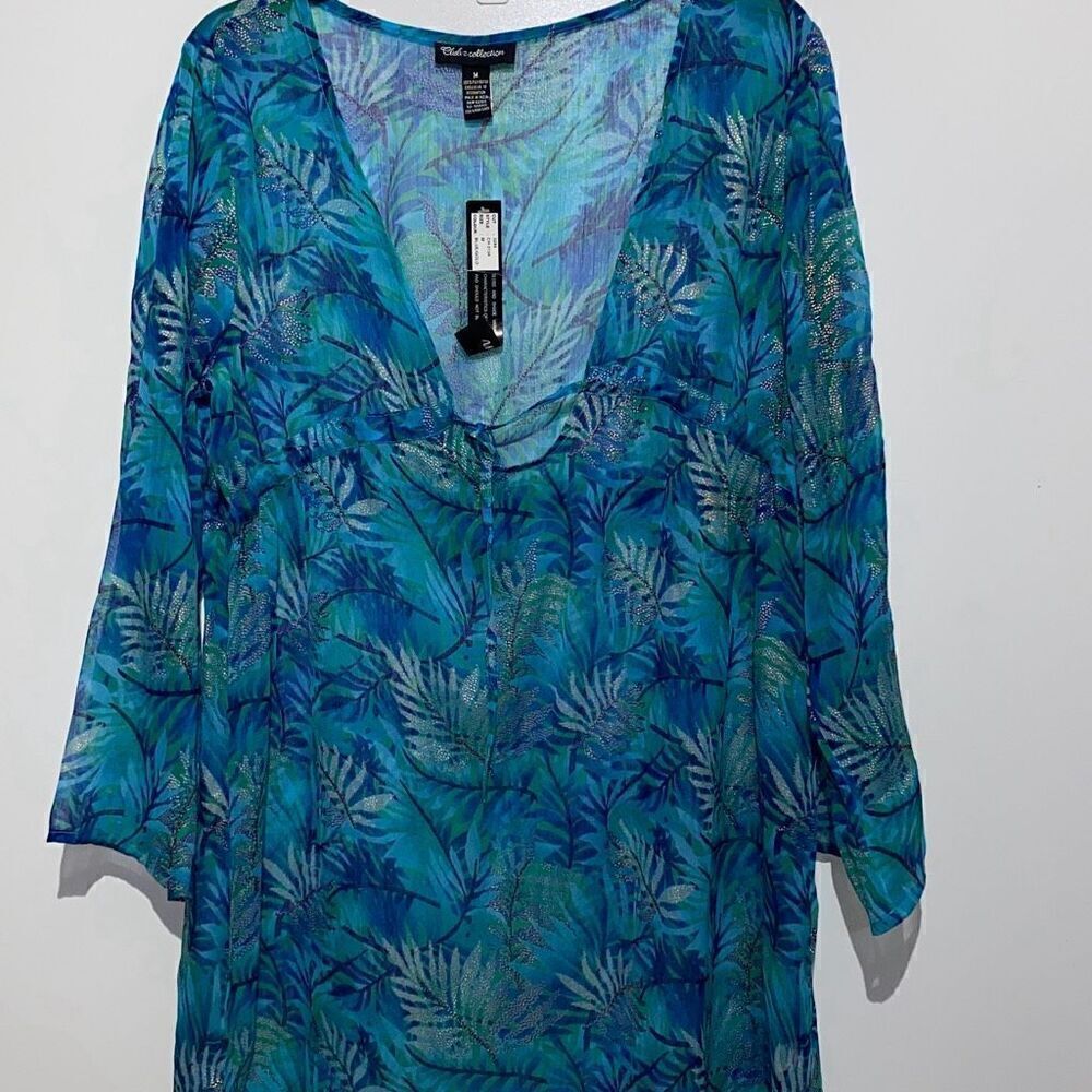 Club Z Collection Women's Blue Gold Tropical 3/4 Sleeve Swim Cover-Up Medium NWT